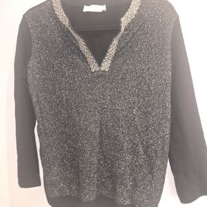 Tory Burch Black V-Neck Sweater with Silver Detailing